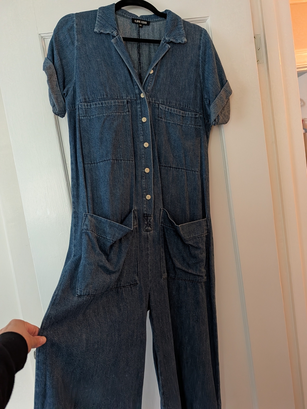 Ilana Kohn Dark Blue Denim Button-Front Wide-Leg Jumpsuit - Picture 2 of 6